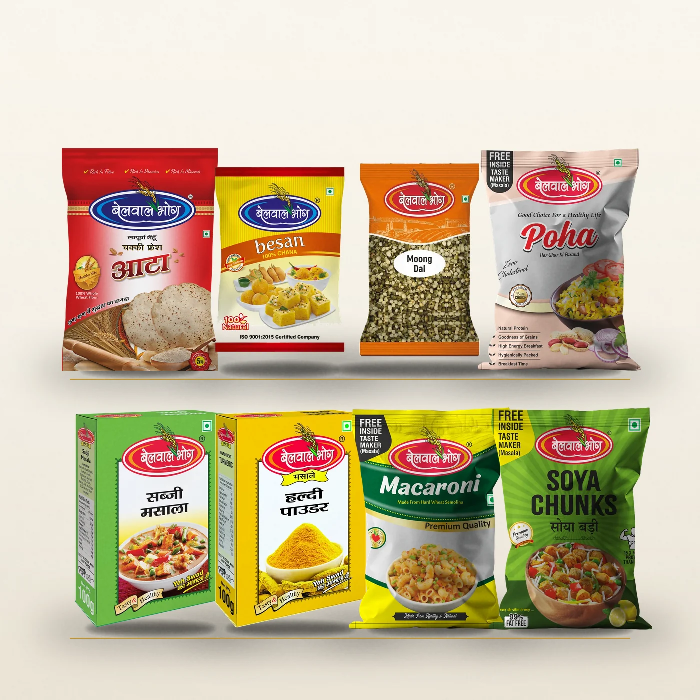 The Belwal Bhog range — chakki fresh atta, besan, moong dal, poha, sabzi masala, haldi powder, macaroni and soya chunks