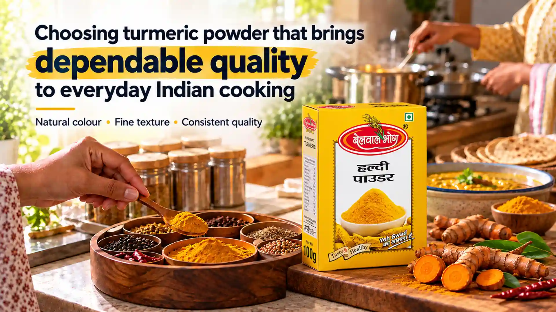 Haldi Powder Supplier Uttarakhand showcasing turmeric powder with whole turmeric roots and spices in a home kitchen setting