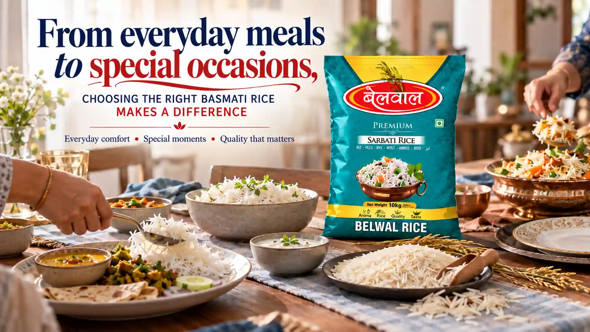 Basmati Rice Distributor Uttarakhand showcasing packaged basmati rice with cooked rice dishes prepared for everyday meals and special occasions