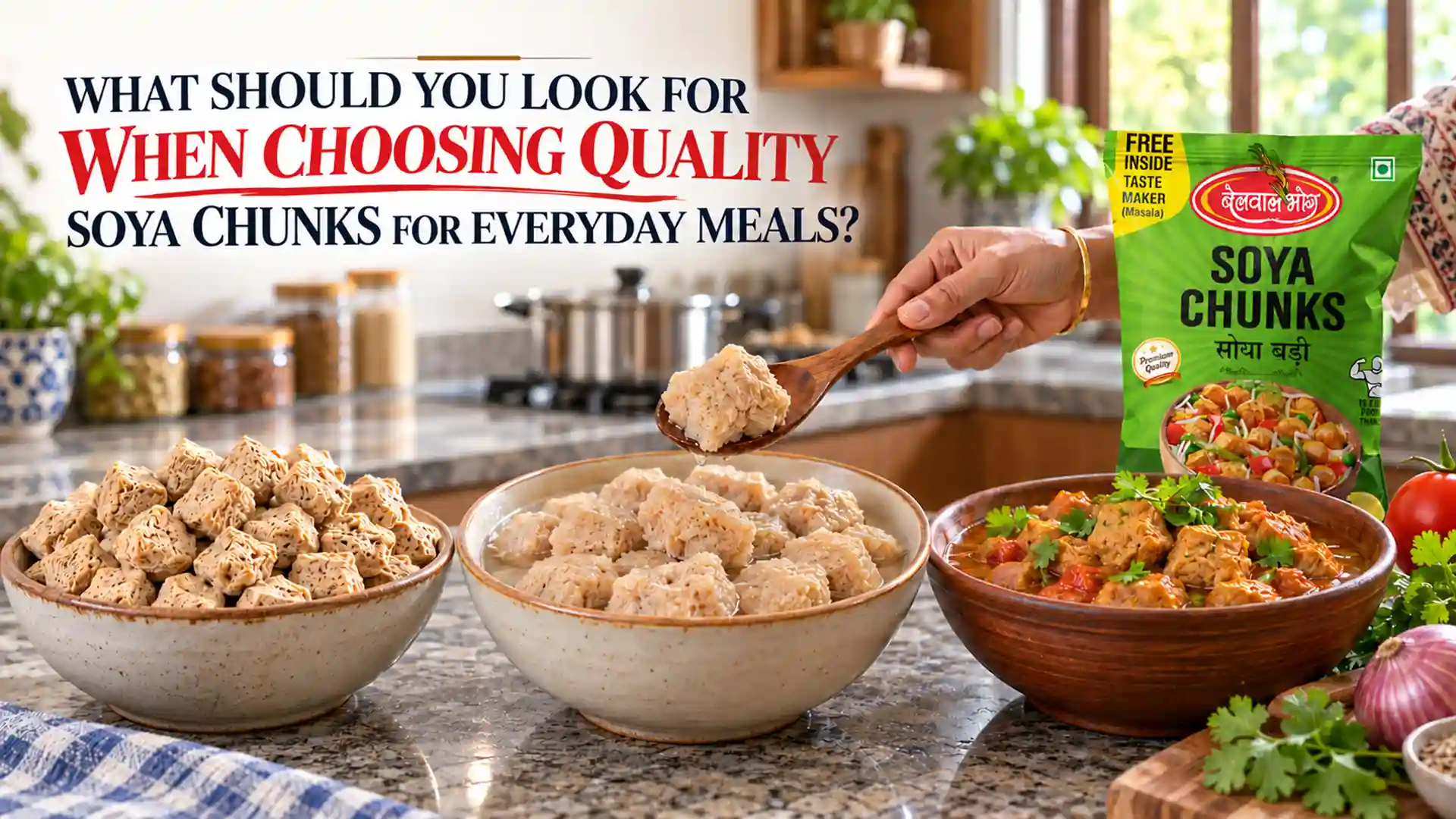 Soya Chunks Supplier for Retailers showcasing packaged soya chunks with dry, soaked, and cooked preparations in a modern kitchen setting