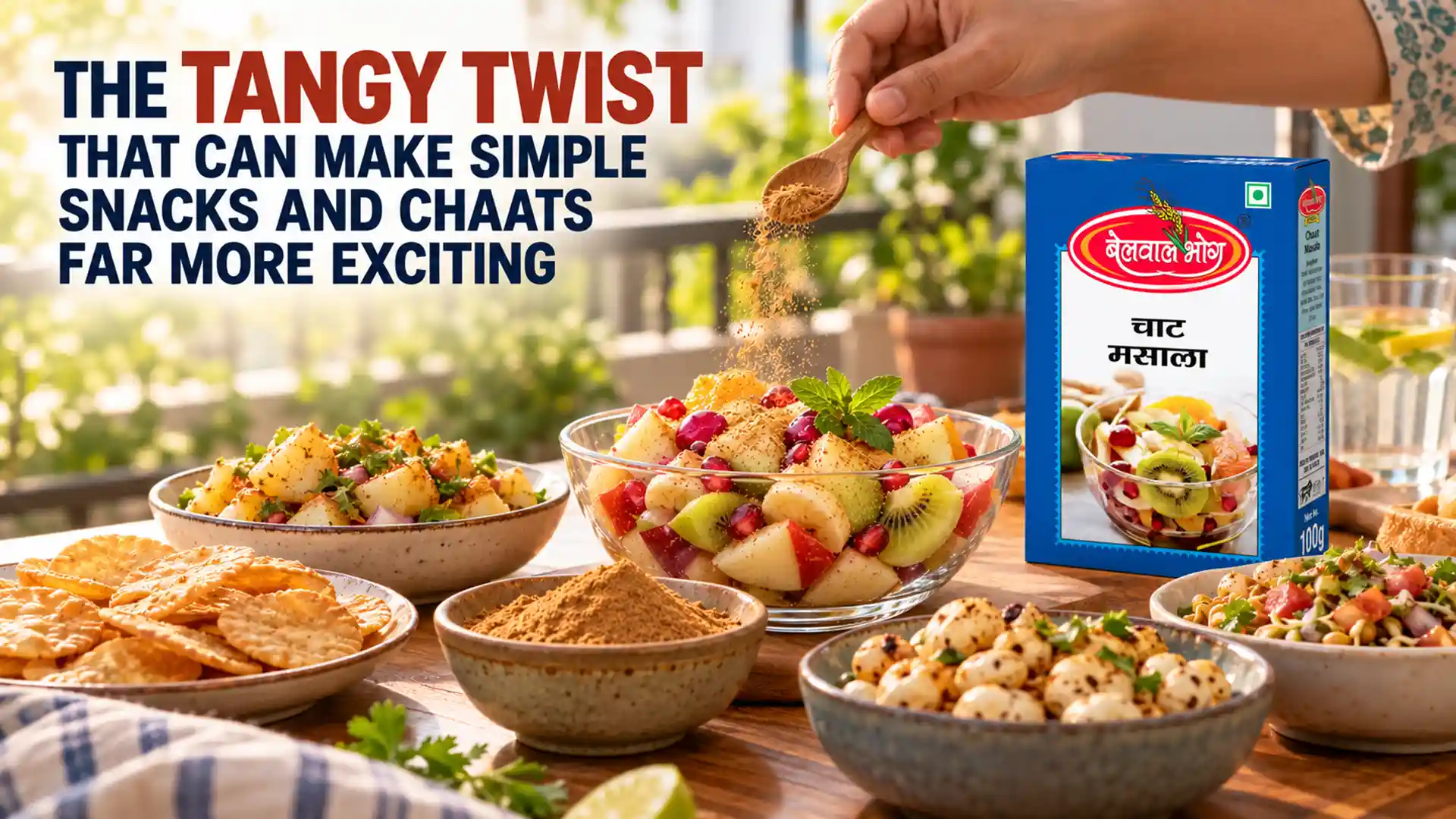 Chaat Masala Distributor Dehradun showcasing chaat masala being sprinkled over fruit chaat, snacks, and savoury dishes for added tangy flavour