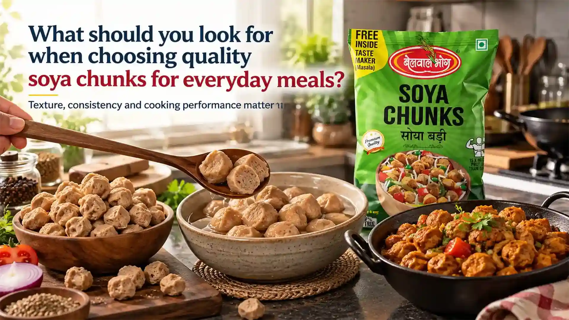 Soya Chunks Supplier for Retailers showcasing packaged soya chunks with dry, soaked, and cooked preparations in a modern kitchen setting