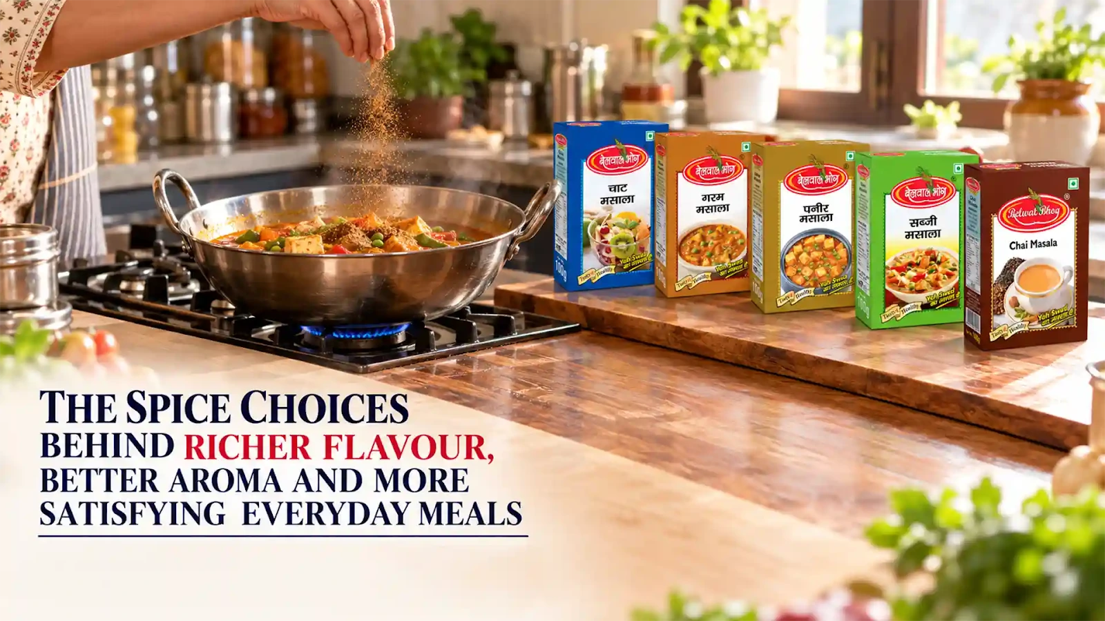 Masala Distributor in Uttarakhand showcasing chaat masala, garam masala, paneer masala, sabji masala, and chai masala beside a freshly cooked Indian dish