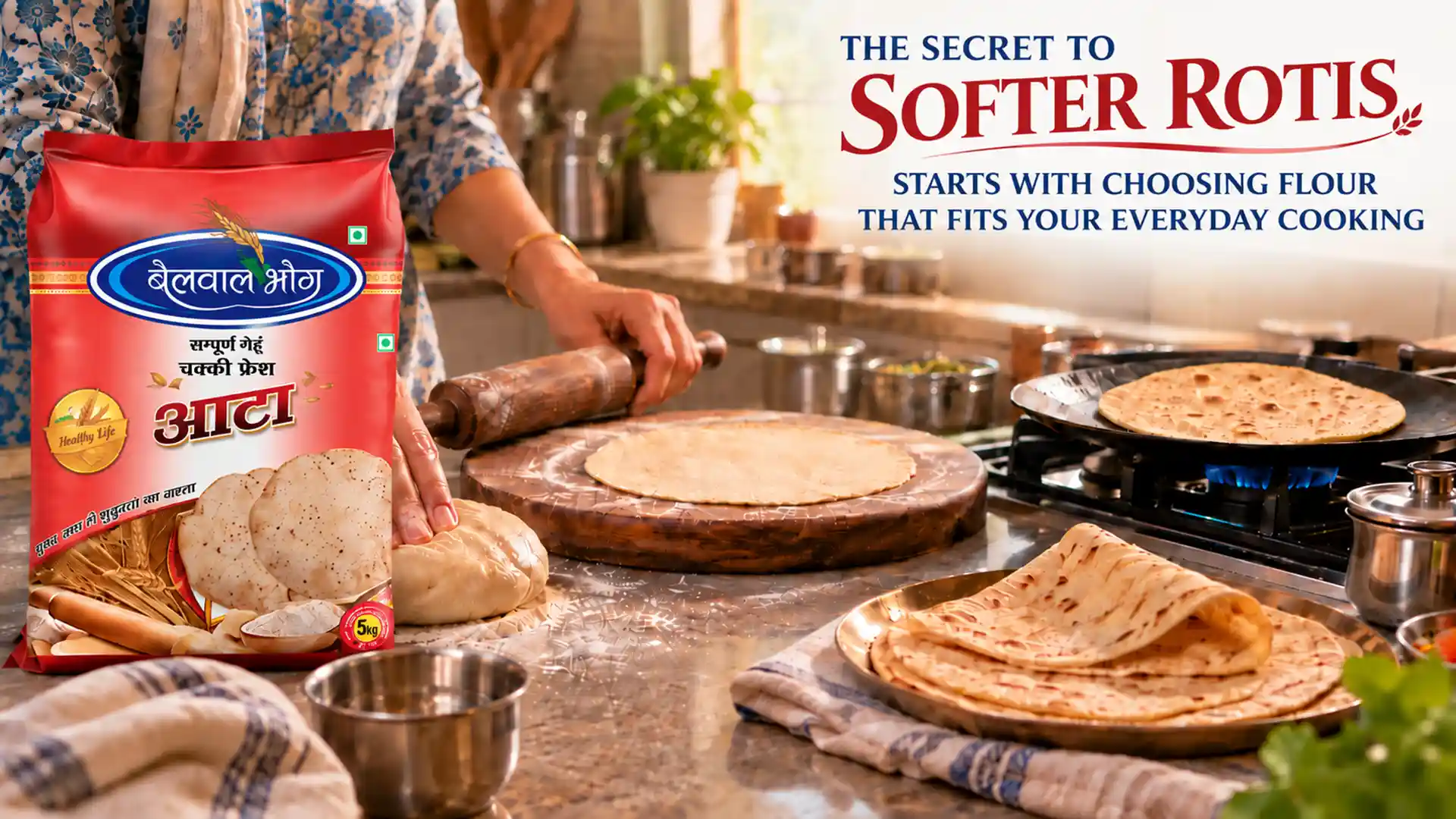 Atta Dealer in Rudrapur showcasing packaged wheat flour beside dough, rolled chapati, and freshly cooked soft rotis in a home kitchen