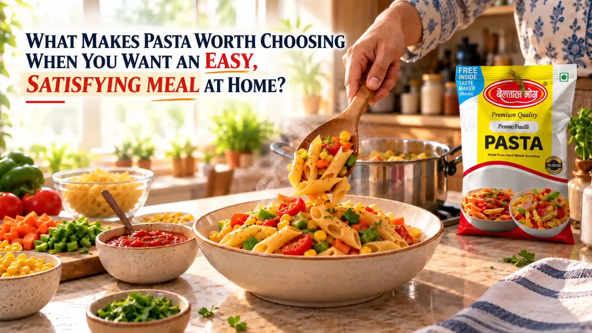 Pasta Supplier for Supermarkets showcasing packaged pasta beside a freshly prepared vegetable pasta dish in a bright home kitchen setting