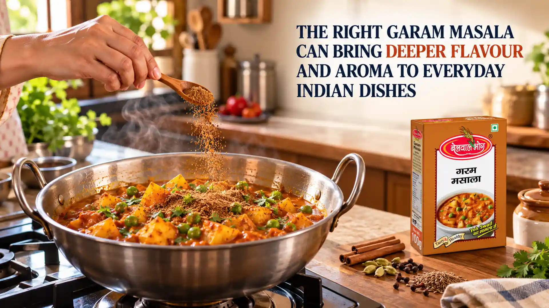 Garam Masala Supplier Rudrapur showing packaged garam masala being sprinkled over a hot Indian curry with whole spices arranged beside the dish
