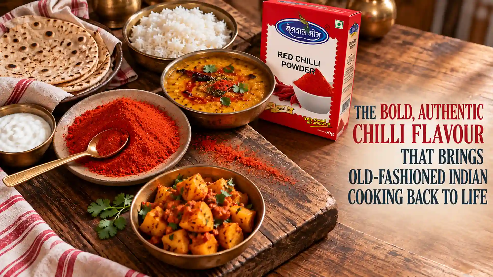 Red Chilli Powder in Kashipur shown beside a traditional Indian meal with dal, rice, roti, curd, and spiced potato curry