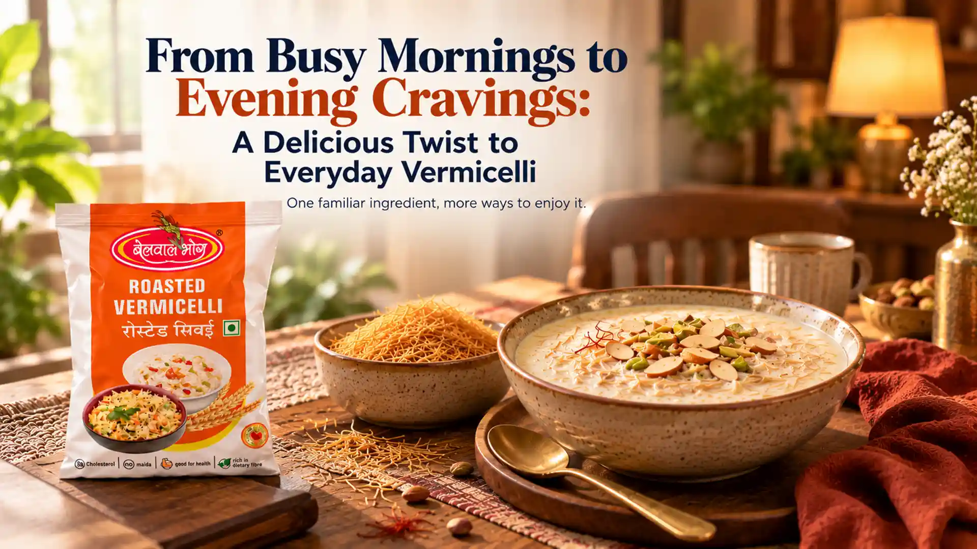 Roasted Vermicelli Supplier Nainital featuring Belwal Bhog roasted vermicelli packaging beside a bowl of creamy sweet vermicelli garnished with almonds and pistachios