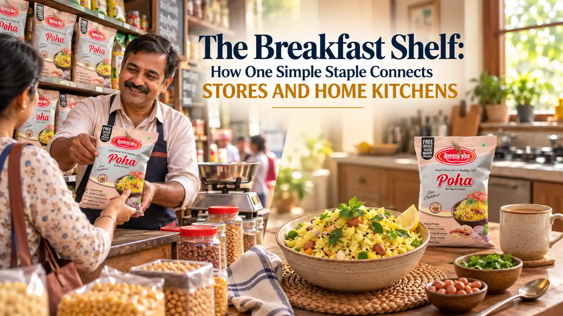 Poha Distributor Haldwani showing a shopkeeper handing a Belwal Bhog Poha packet to a customer, alongside a bowl of freshly prepared poha in a home kitchen