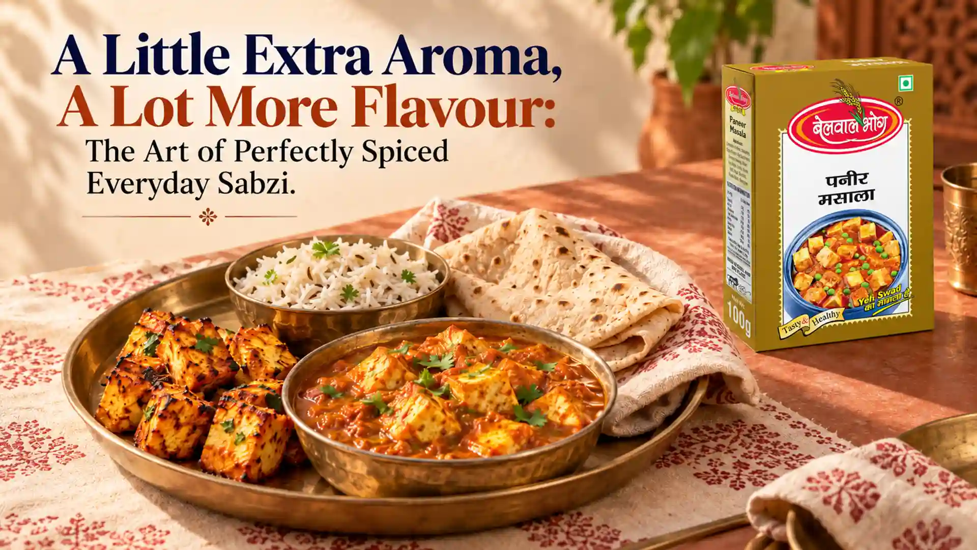 Paneer Masala in Ranikhet featuring Belwal Bhog Paneer Masala packaging beside a traditional Indian thali with paneer curry, grilled paneer, rice, and chapati