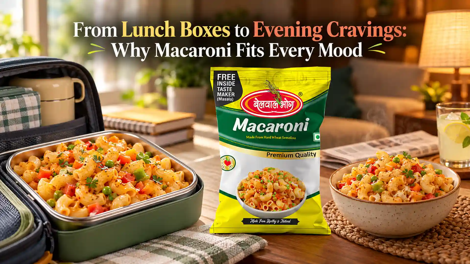 Macaroni Wholesale Supplier Uttarakhand featuring Belwal Bhog Macaroni packaging beside a lunchbox and a bowl of cooked macaroni with mixed vegetables