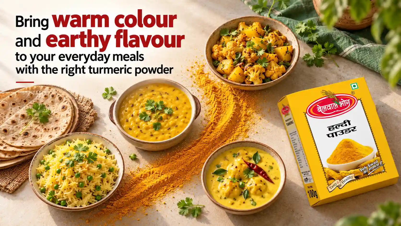 Turmeric Powder Dealer Nainital featuring Belwal Bhog Haldi Powder packaging beside turmeric powder, yellow dal, vegetable curry, rice, and chapatis