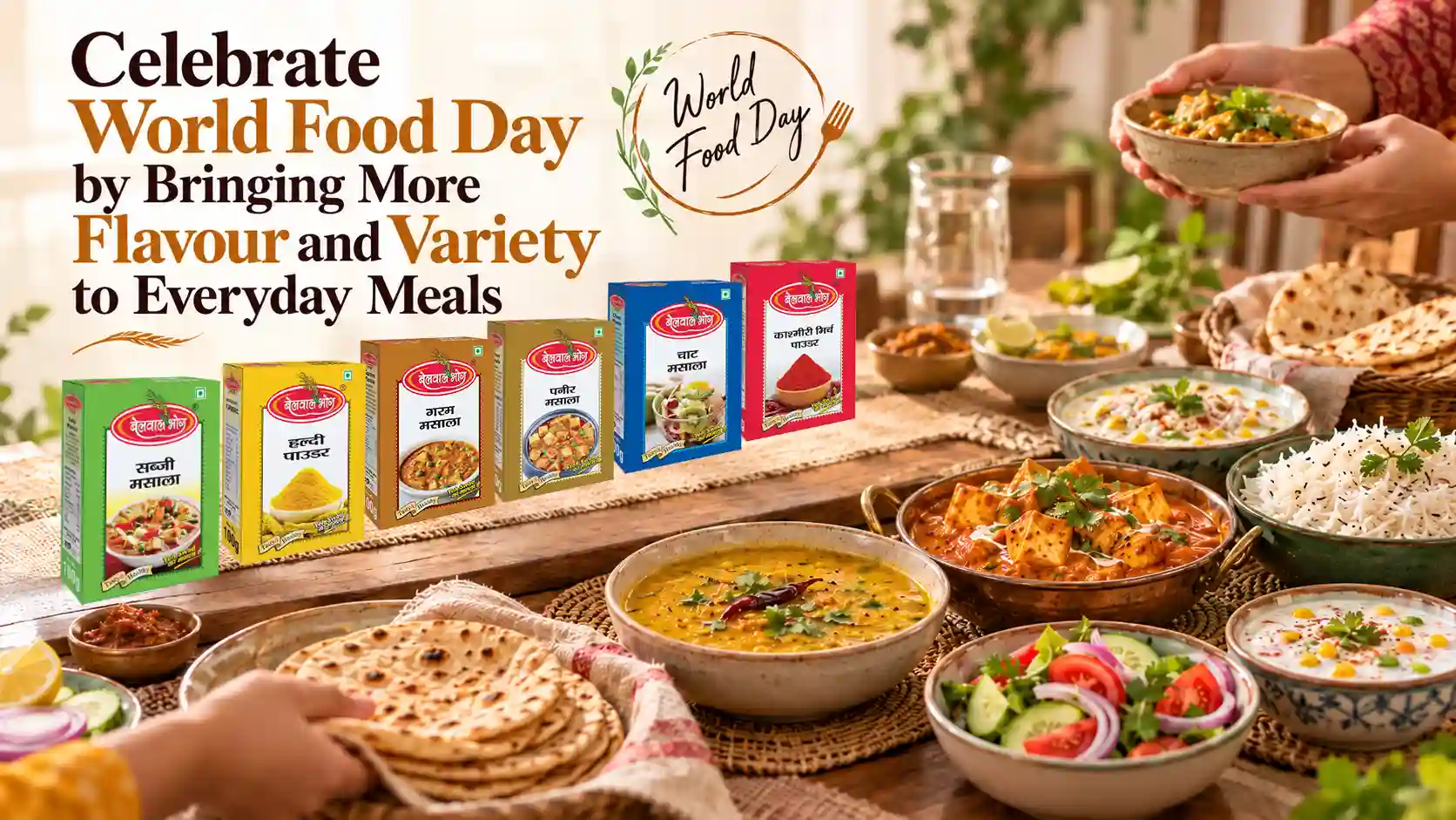 Spices Supplier in Uttarakhand showcasing Belwal Bhog spice products including Haldi, Garam Masala, Paneer Masala, Chaat Masala, and Red Chilli Powder alongside Indian dishes like dal, paneer curry, rice, and chapati