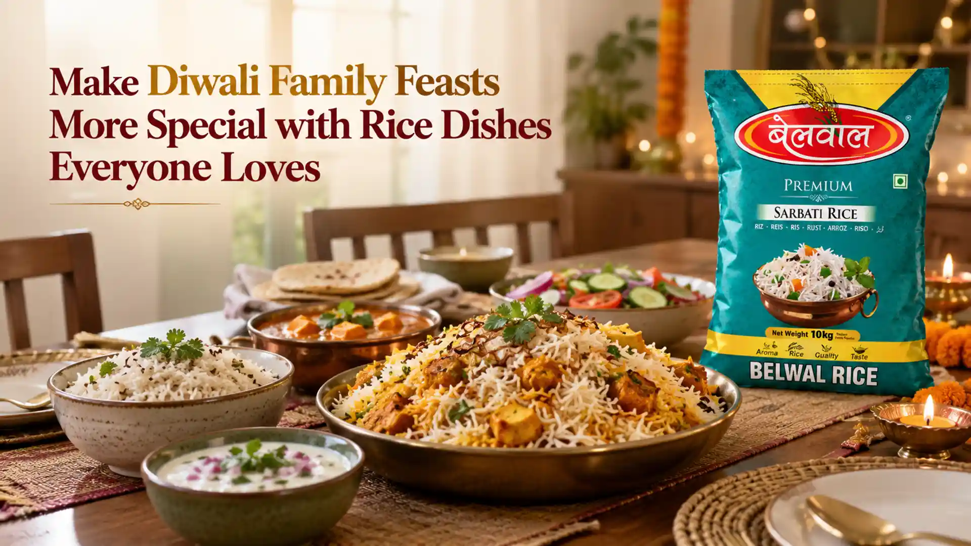 Rice Wholesaler Rudrapur featuring Belwal Bhog Sarbati Rice packaging alongside paneer biryani, steamed rice, curry, raita, and festive Diwali decorations