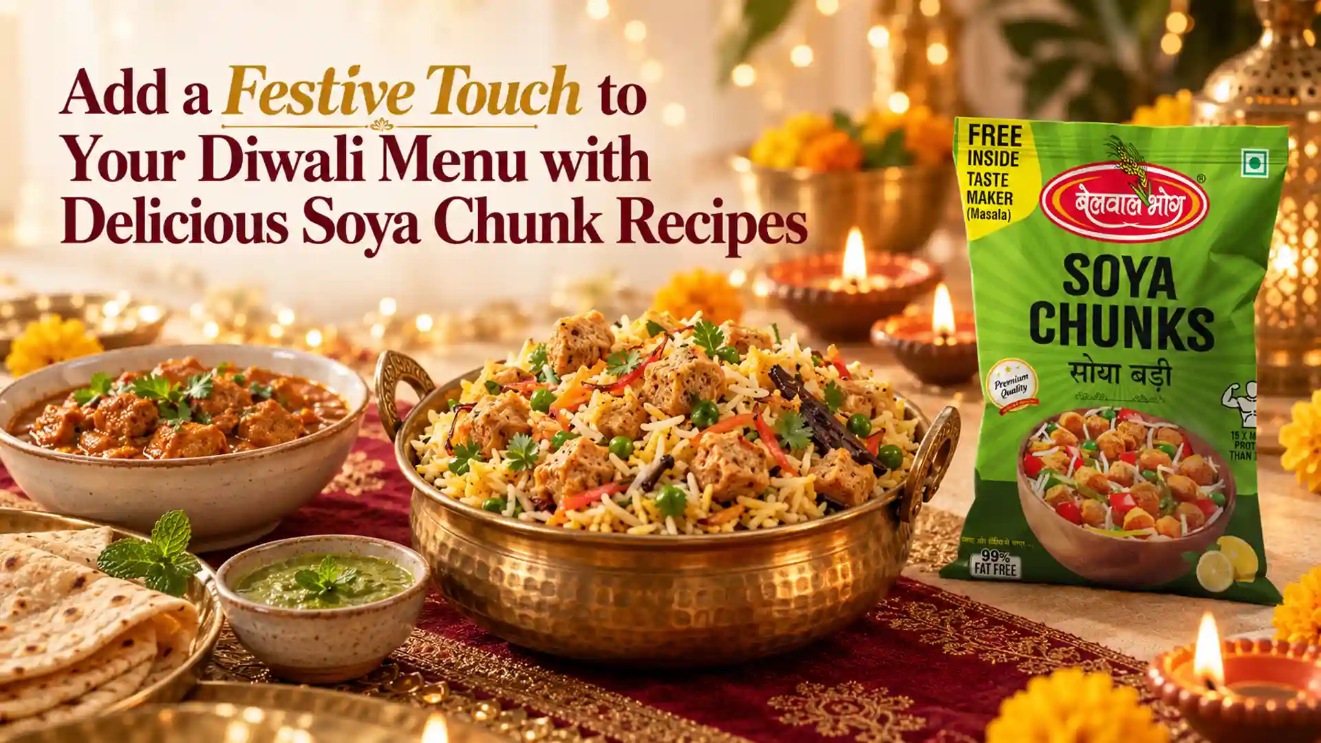 Soya Chunks Distributor Uttarakhand featuring Belwal Bhog Soya Chunks packaging beside soya chunk pulao, soya curry, chapatis, green chutney, and festive Diwali diyas