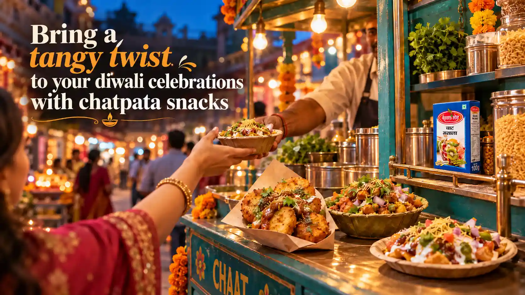 Chaat Masala Supplier Kashipur featuring Belwal Bhog Chaat Masala packaging at a festive street food stall with a vendor serving freshly prepared chaat, garnished with sev, vegetables, and chutneys