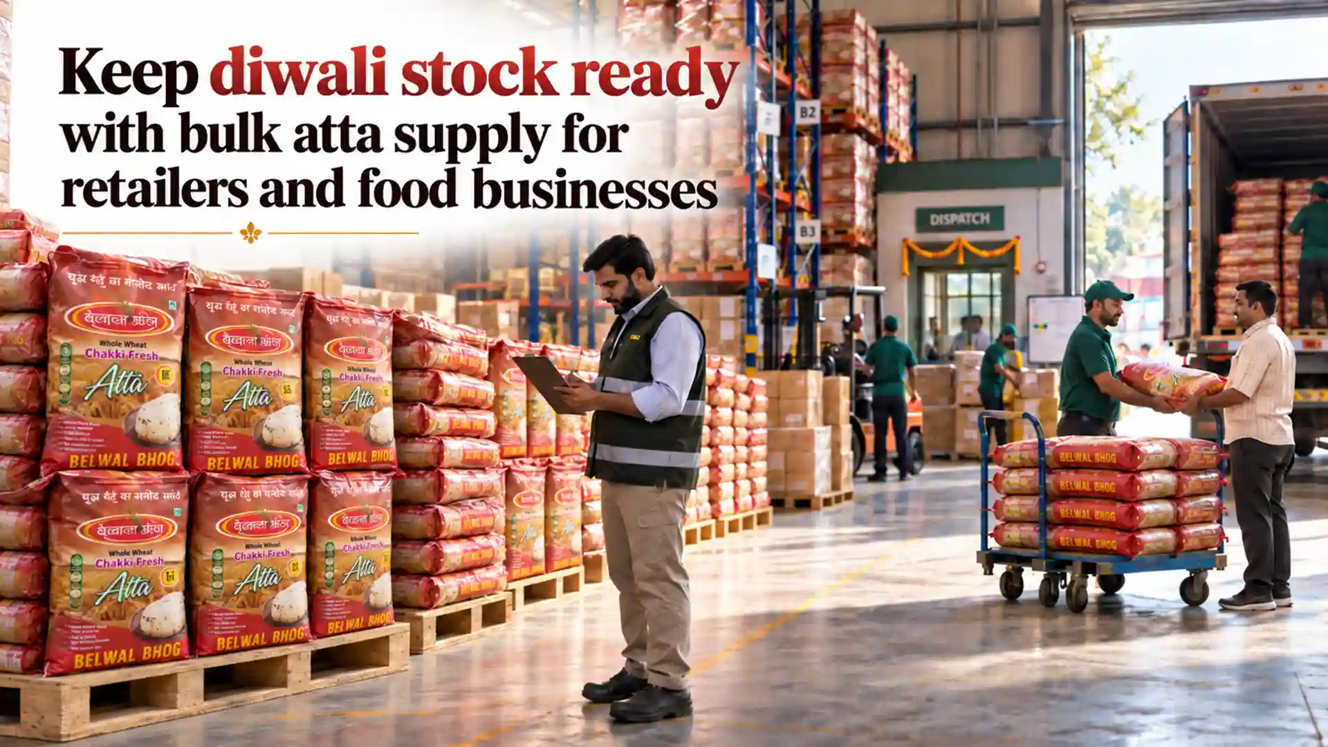 Belwal Bhog atta bags stacked on warehouse pallets as workers inspect bulk stock and prepare orders for dispatch, highlighting Bulk Atta Supplier Uttarakhand
