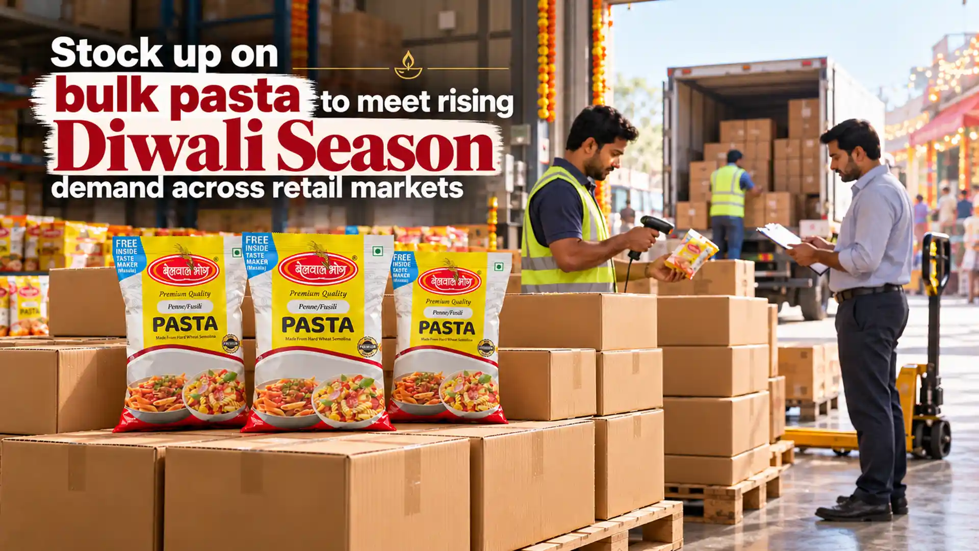 Bulk Pasta Supplier Haldwani showcasing Belwal Bhog pasta packs alongside stacked cartons, warehouse inventory checks and festive-season dispatch operations for retail markets.