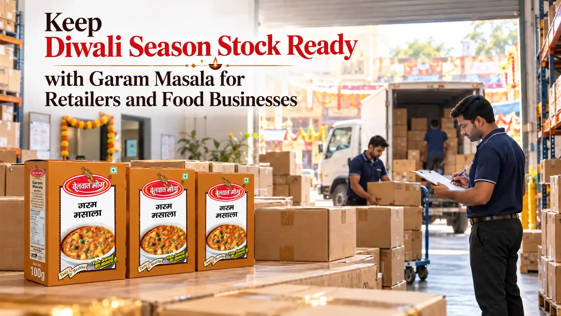 Belwal Bhog Garam Masala packets displayed in a wholesale warehouse with staff preparing festive orders and delivery shipments for retailers through a Garam Masala Distributor Uttarakhand.