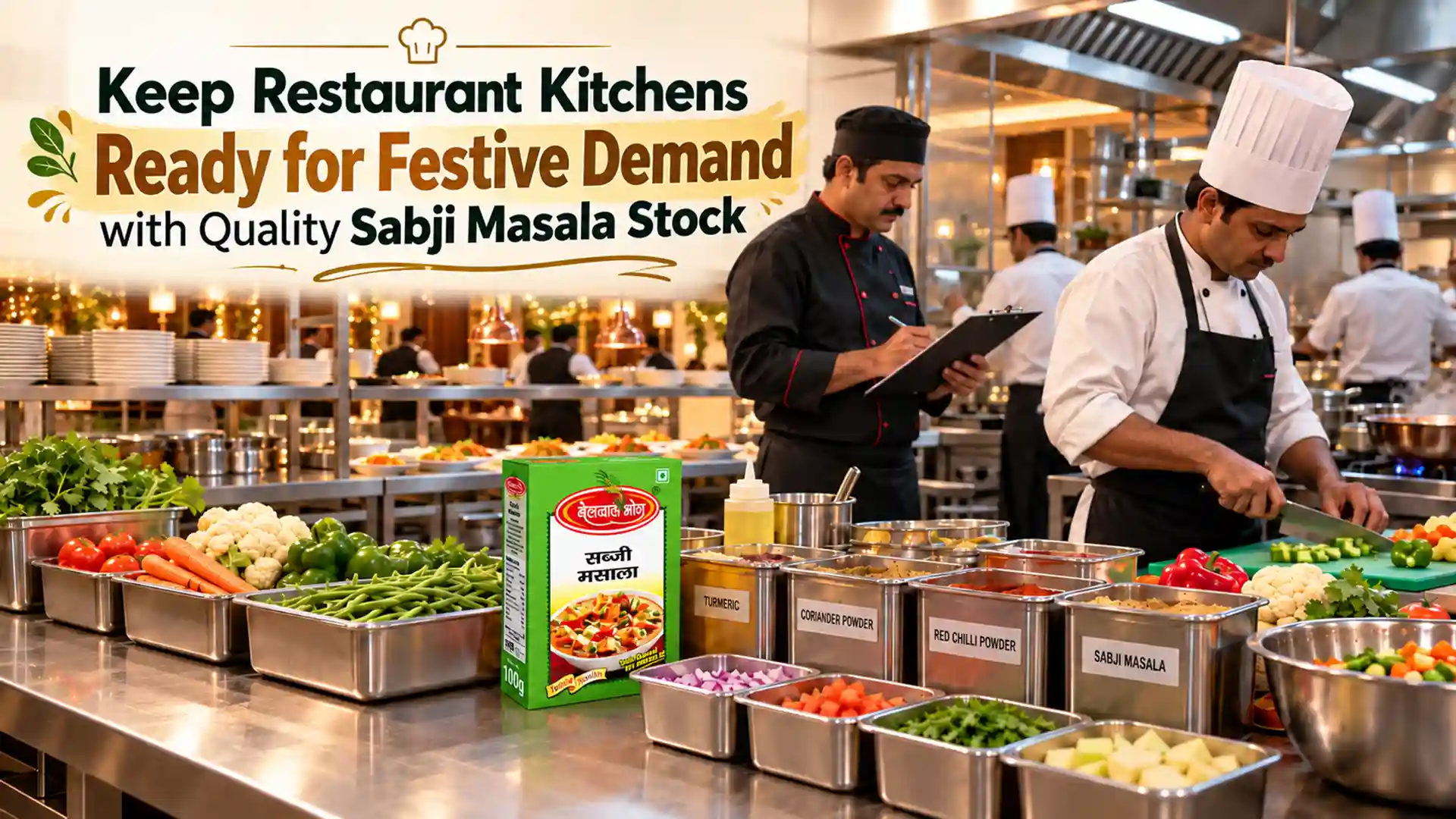 Chefs preparing vegetables and checking spice inventory in a commercial kitchen with Belwal Bhog Sabji Masala stock, highlighting a Sabji Masala Supplier for Restaurants.