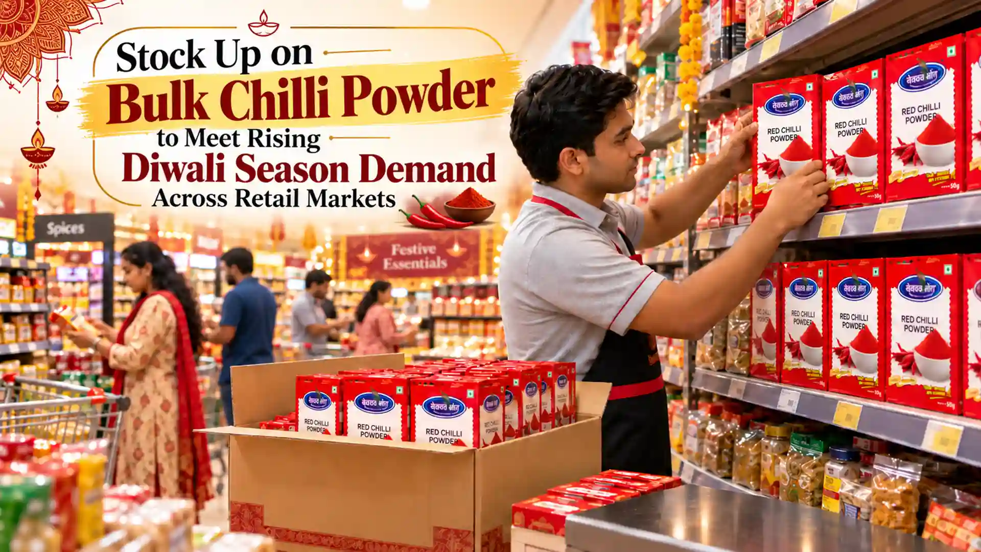 Retail store employee arranging Belwal Bhog red chilli powder packets on supermarket shelves to meet festive demand, highlighting Bulk Chilli Powder Supplier Haldwani.