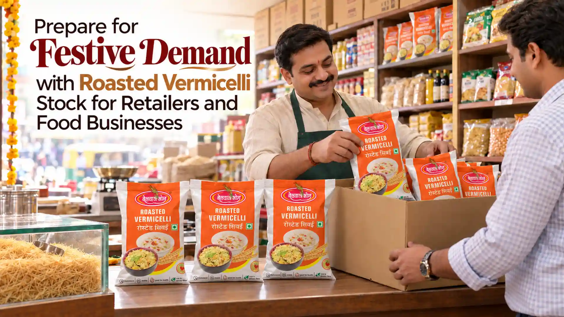 Retailer arranging Belwal Bhog Roasted Vermicelli packets in a grocery store while preparing bulk festive stock orders, highlighting Roasted Vermicelli in Haldwani.