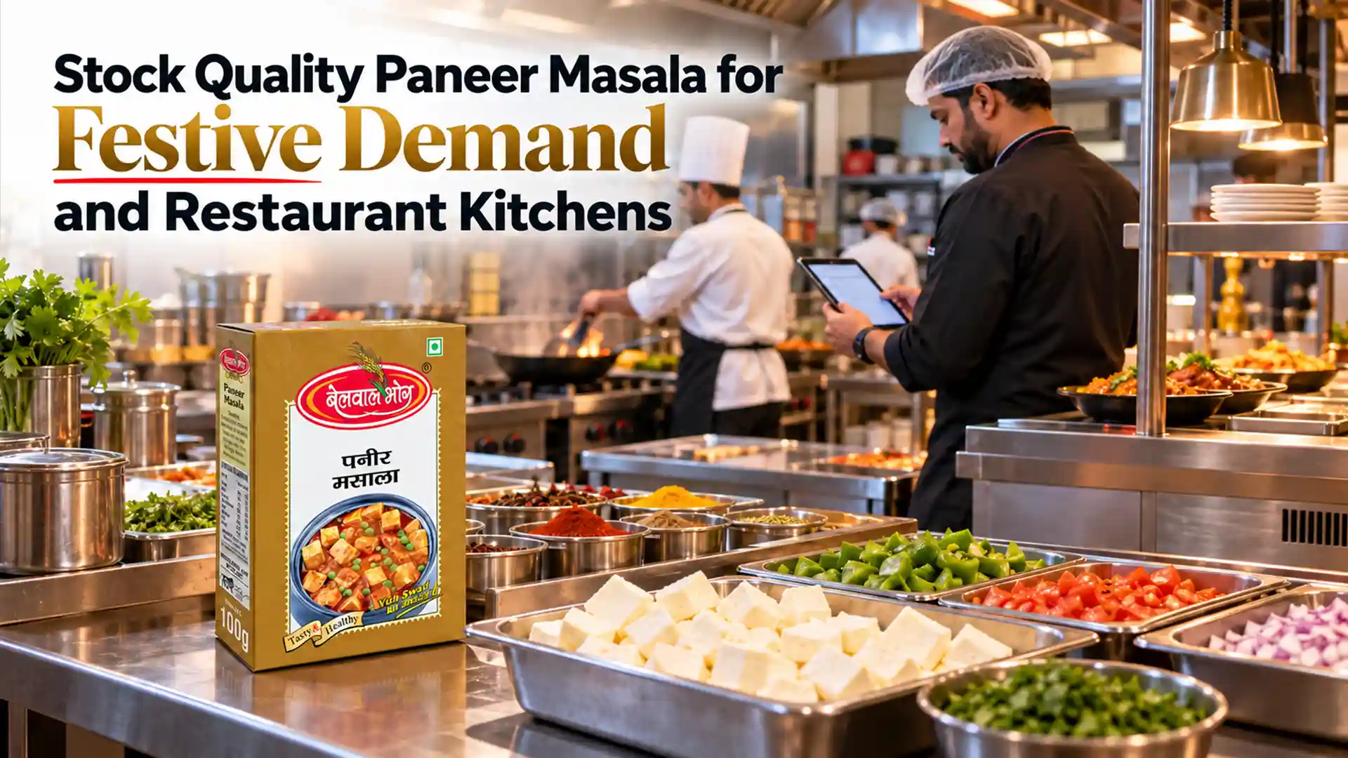 Belwal Bhog Paneer Masala packet displayed in a commercial restaurant kitchen with fresh paneer cubes, chopped vegetables and chefs preparing festive orders, highlighting Paneer Masala Supplier Kashipur.