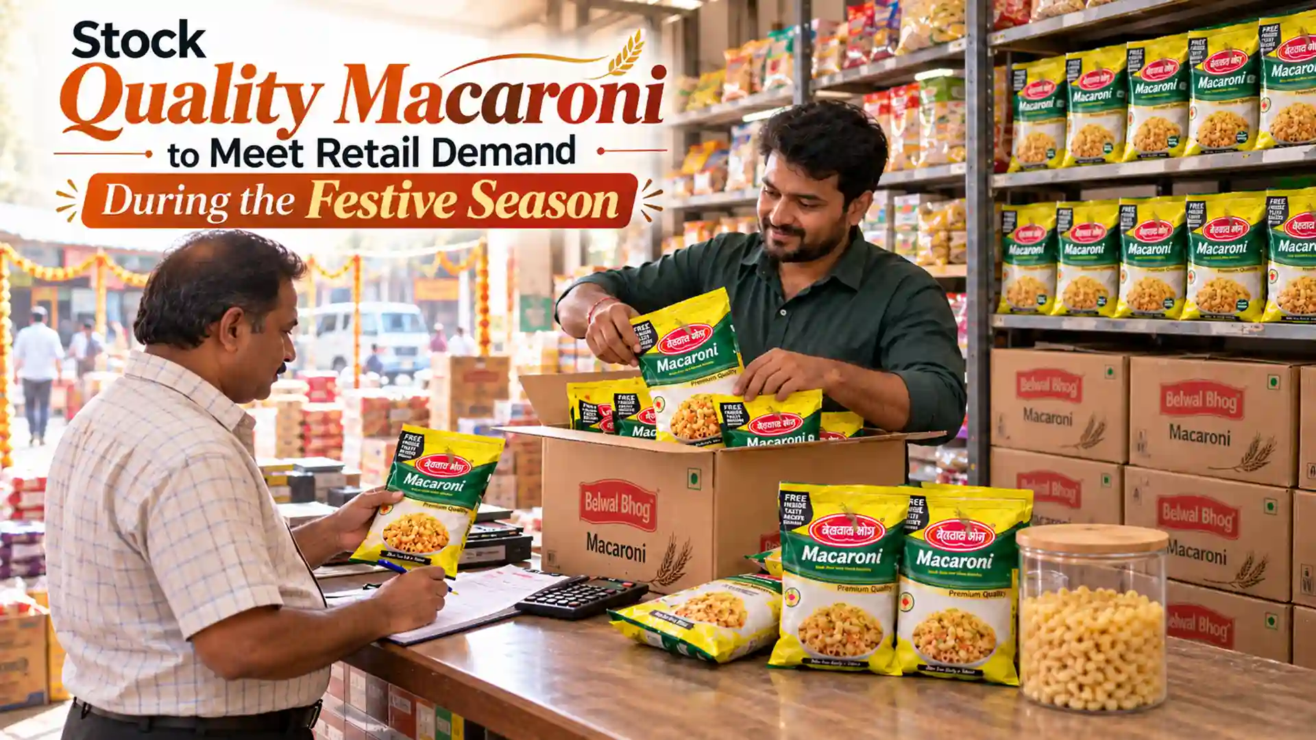 Shopkeeper arranging Belwal Bhog Macaroni packets in wholesale cartons while a retailer checks bulk stock orders, highlighting Macaroni Supplier for Retailers.