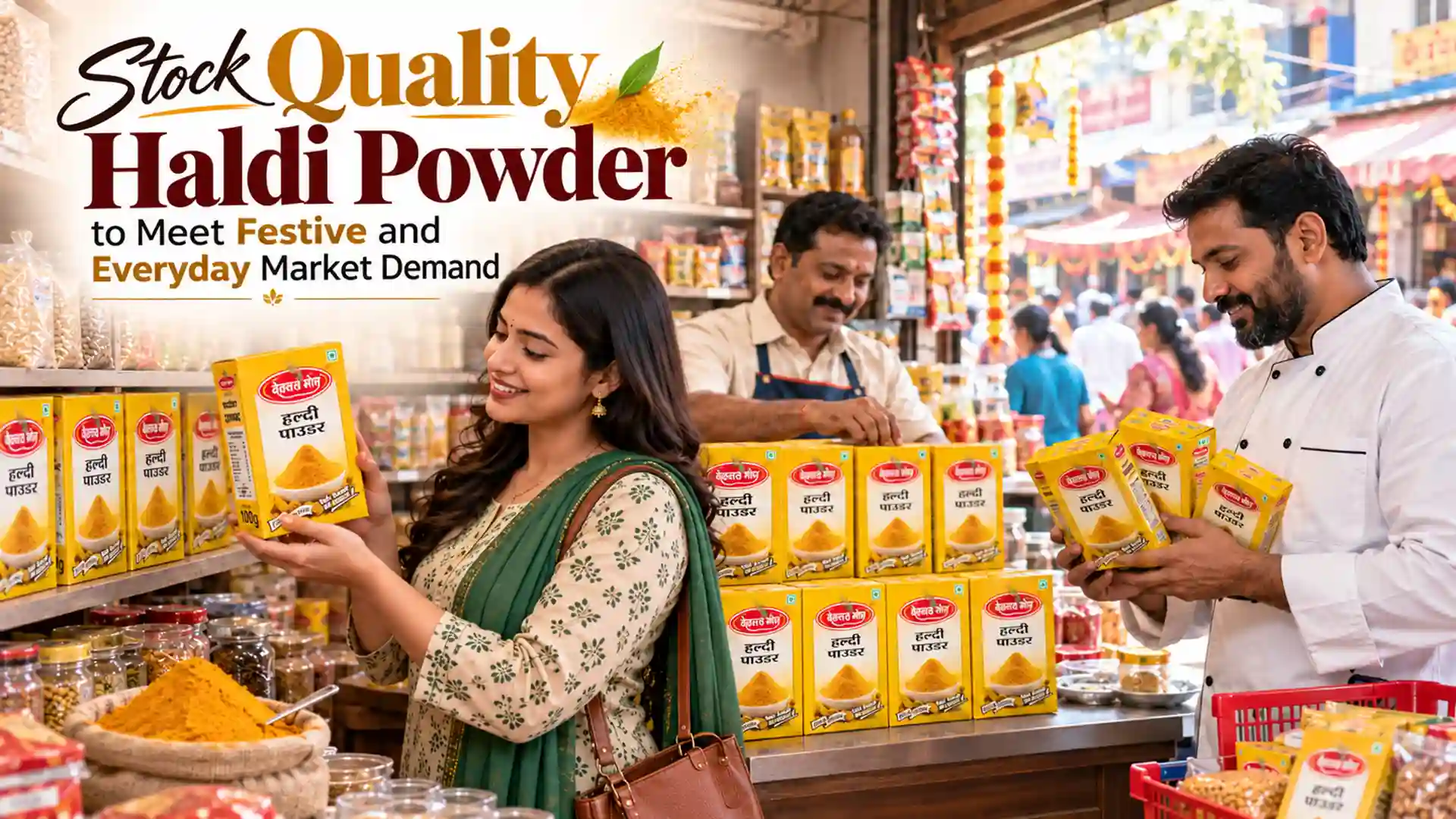 Belwal Bhog Haldi Powder packets displayed in a grocery store with customers and a retailer checking turmeric stock, highlighting Haldi Powder Supplier Uttarakhand.