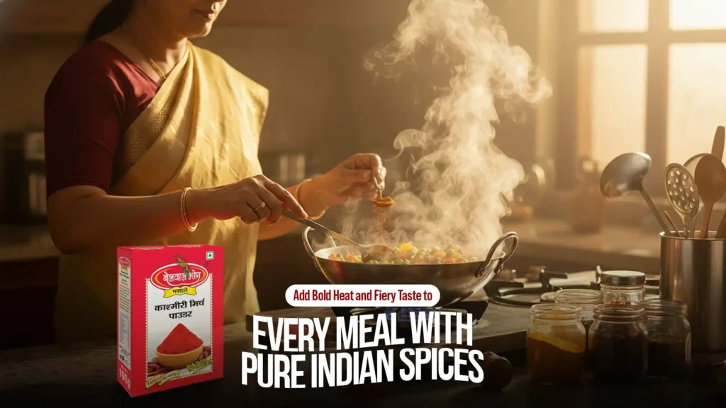 Woman cooking with Lal Mirch Powder in a traditional kitchen – Belwal Bhog Kashmiri Red Chilli Powder