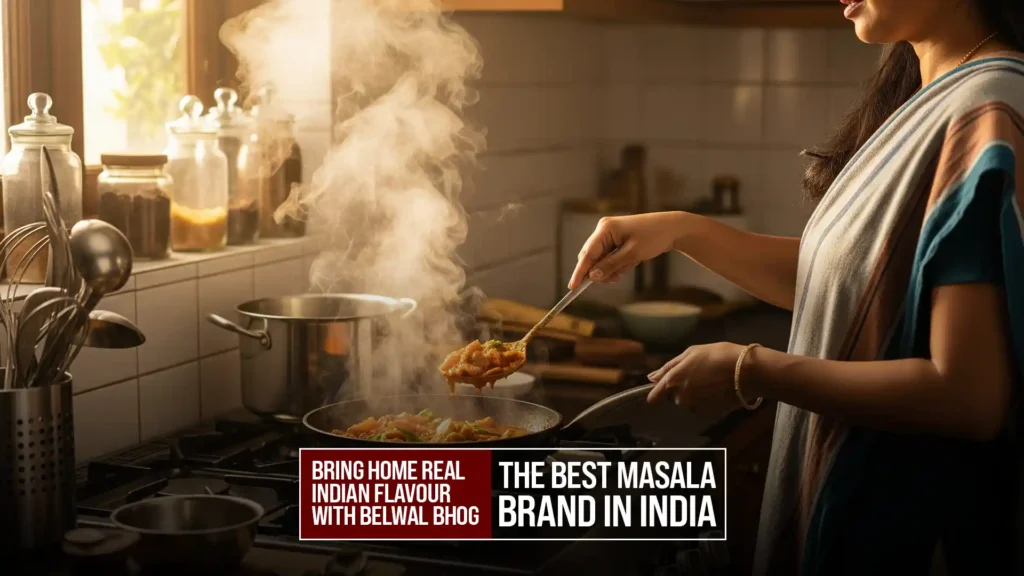 Woman cooking vegetables with steam rising from the pan, showcasing Belwal Bhog spices – Best Masala Brand in India