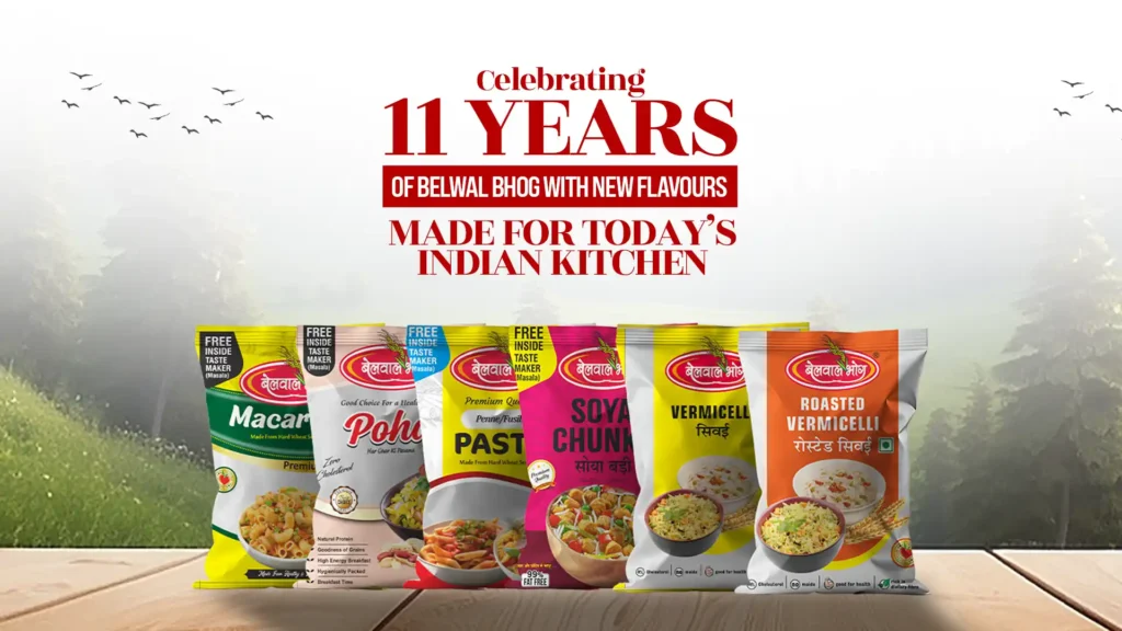 Belwal Bhog food products including pasta, macaroni, vermicelli, and poha displayed together, representing the Best Pasta Brand in Uttarakhand