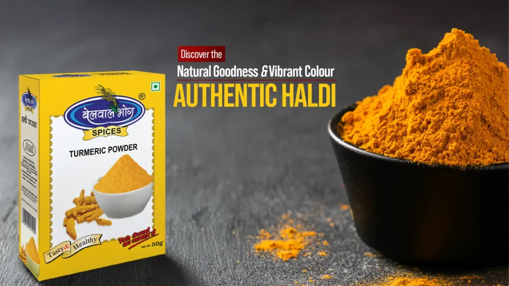 Box of Belwal Bhog turmeric with bowl of Pure Haldi Powder showcasing rich color and texture