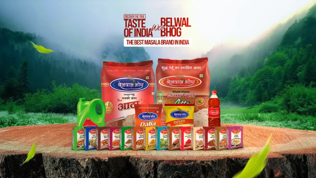 A display of Belwal Bhog products including spices, atta, and oils representing the best masala brand in India.