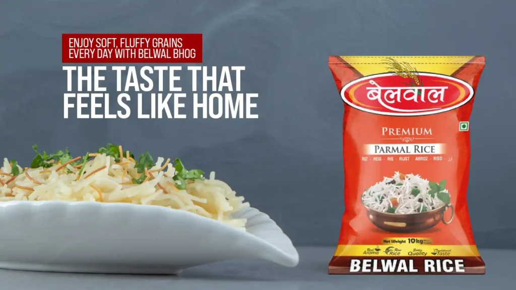 Plate of fluffy cooked rice and a Belwal Bhog Parmal Rice pack displayed together, representing the Best Rice Brand in India