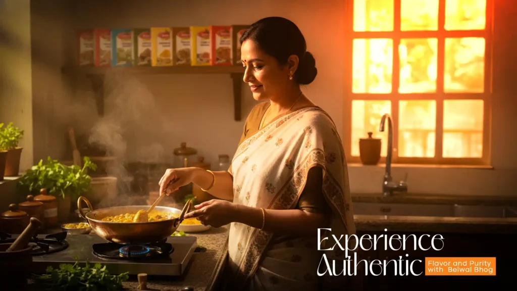 Indian woman cooking traditional meal using premium grains from the Best Rice Brand in India – Belwal Bhog