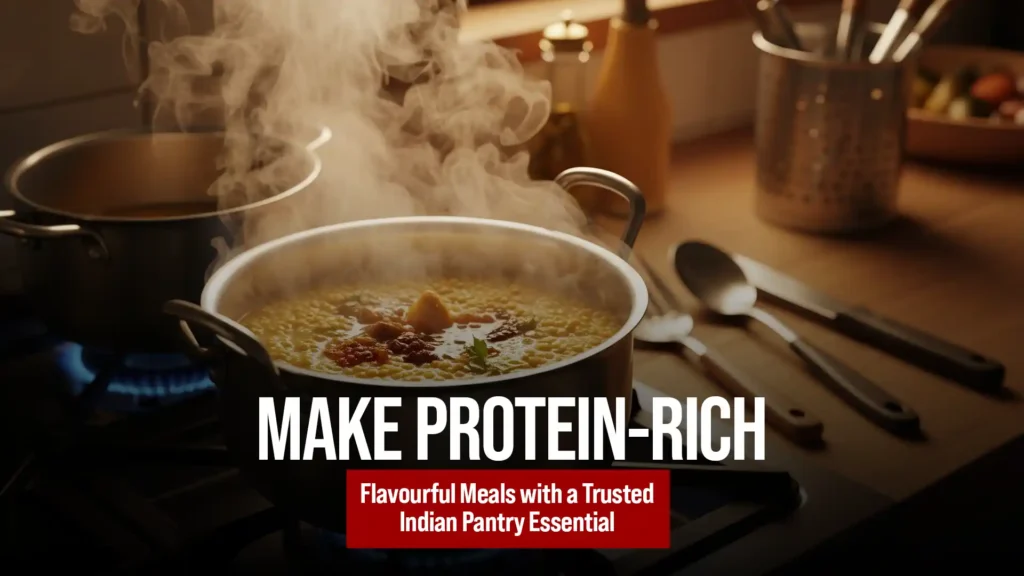 Steaming pot of protein-rich Indian dish made using the Best Soya Chunks Brand in a home kitchen