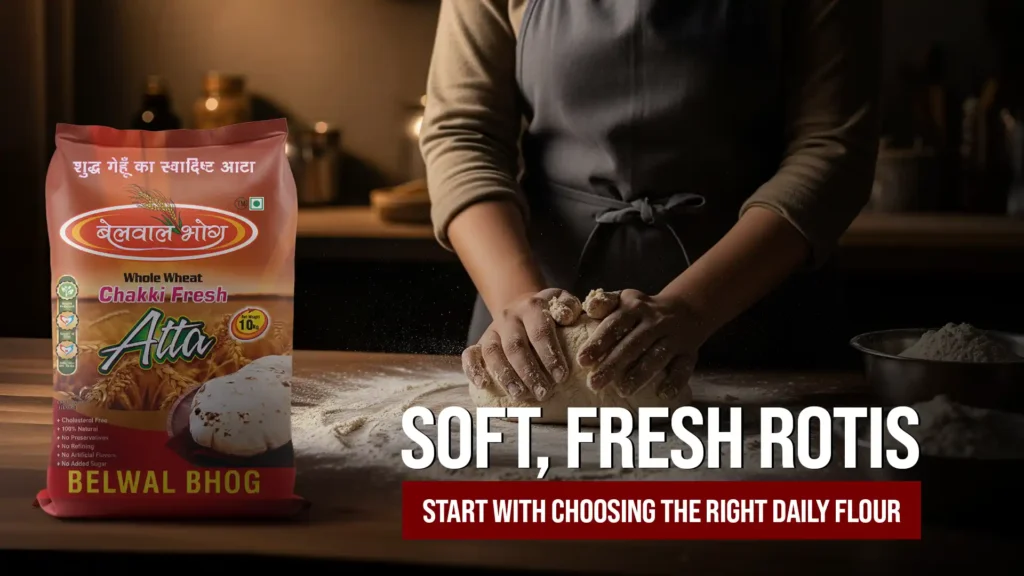 Woman kneading dough using Belwal Bhog whole wheat atta, the best atta brand in Uttarakhand