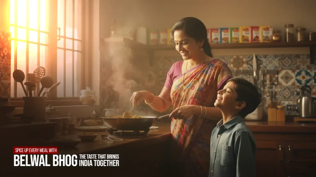 Mother cooking with her son using spices from the Best Garam Masala Brand in India for rich, traditional Indian flavors