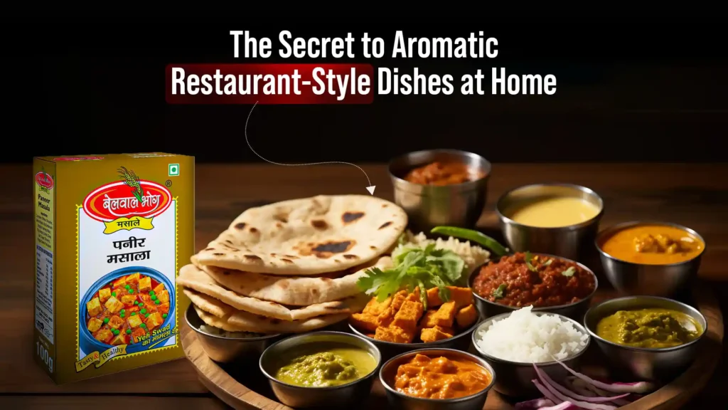 Belwal Bhog Paneer Masala pack with Indian meal thali showcasing authentic spices by the Best Garam Masala Brand in Bareilly