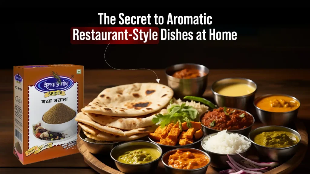 Belwal Bhog Garam Masala pack with an Indian thali, representing the best garam masala brand in Bareilly for aromatic restaurant-style dishes at home