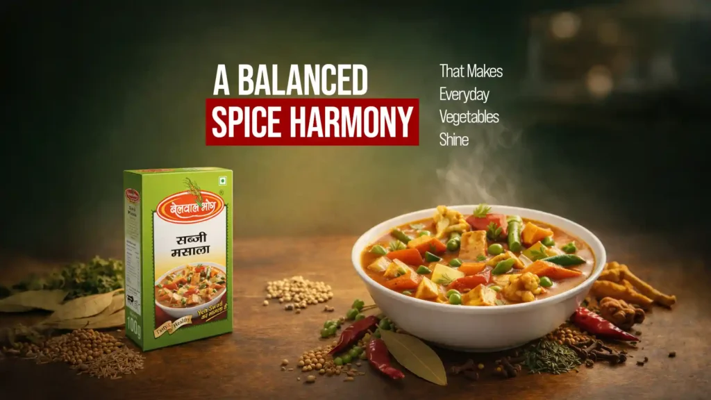 Best sabji masala brand in Kashipur shown with a bowl of mixed vegetable curry, highlighting a balanced spice blend for daily Indian cooking.