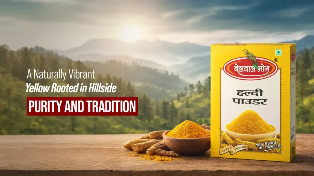 Best turmeric powder brand in Ranikhet displayed with fresh turmeric roots against a scenic hillside background, highlighting natural colour and purity.