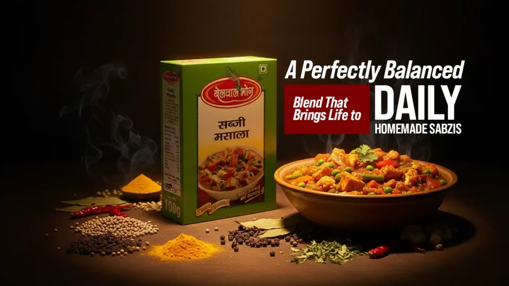 Belwal Bhog Sabji Masala powder pack with aromatic spices and a bowl of homemade sabzi showcasing rich colour and balanced flavour