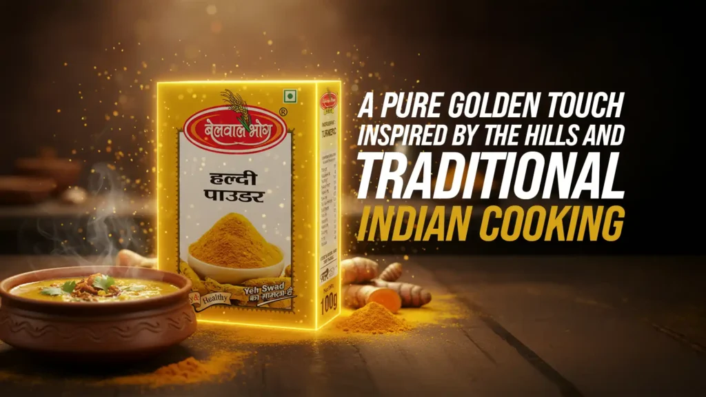 Belwal Bhog turmeric powder pack with glowing golden highlights, fresh haldi roots, and a steaming traditional Indian dish representing the best turmeric powder brand in Ranikhet