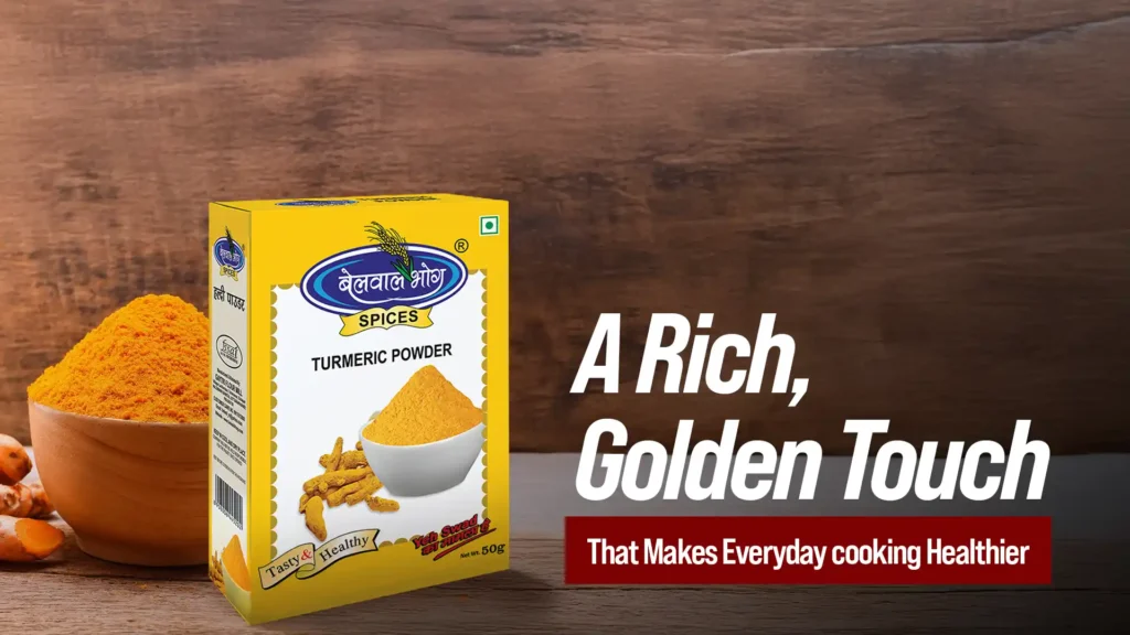 Belwal Bhog organic turmeric powder box with fresh haldi roots and turmeric bowl displayed on wooden background by Organic Turmeric Powder in Rudrapur