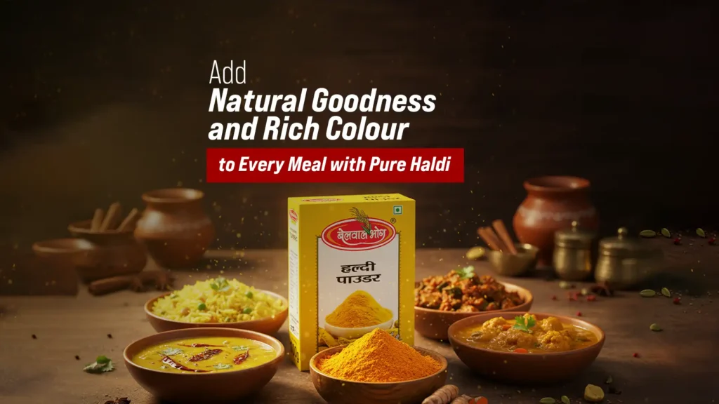 Box of Belwal Bhog Haldi Powder surrounded by vibrant dishes and spices, showcasing the natural colour and purity of organic turmeric powder.