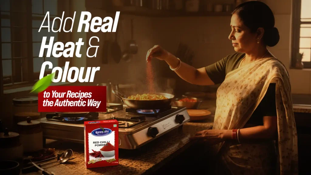 Woman cooking and sprinkling Belwal Bhog Red Chilli Powder into a pan, adding heat and colour to the dish