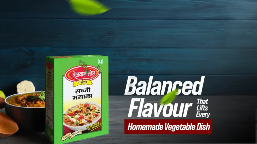 Belwal Bhog Sabji Masala pack placed beside a vegetable dish, representing the best sabji masala brand in Kashipur for balanced homemade flavour