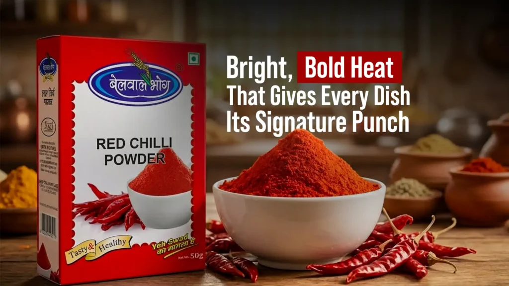 red chilli powder with bright colour and strong heat used for authentic Indian cooking